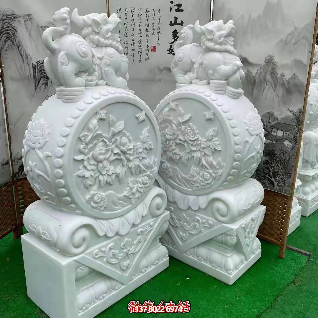 天然優質漢白玉浮雕麒麟抱鼓石，裝點你的庭院門口