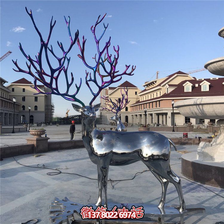 戶外鏡面不銹鋼梅花鹿雕塑園林景觀金屬抽象動(dòng)物景觀